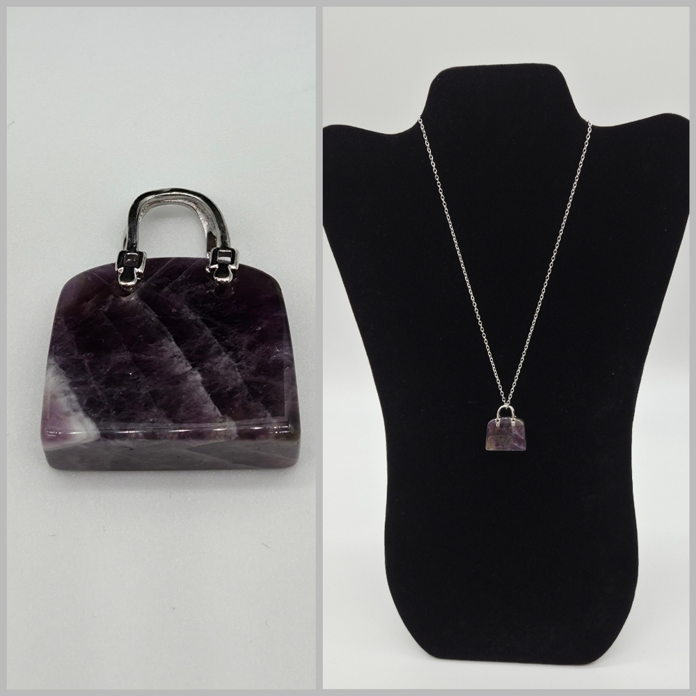 🎁Amethyst Handbag Shape Natural Healing Crystal Gem Pendant & Silver Necklace